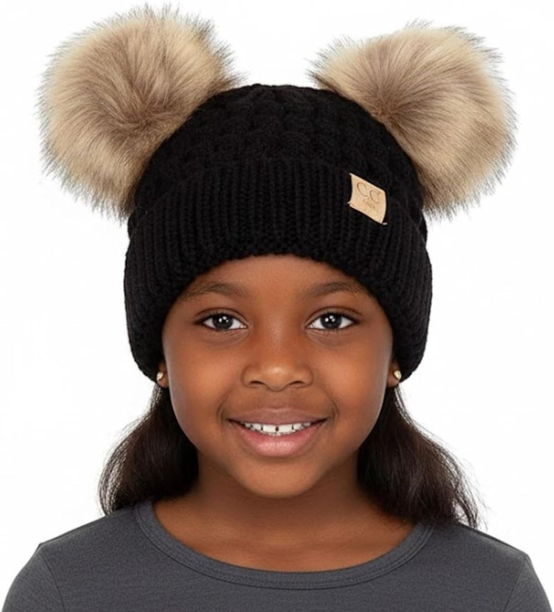 Funky Junque Toddler Double Pom Pom Beanie – Warm Knit Winter Hat for Girls Ages 1–6, Soft Kids Poms Beanies for Cold Weather - Image 1